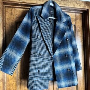 7 For All Mankind Mixed Plaid Double Breasted Wool Blend Blazer Jacket